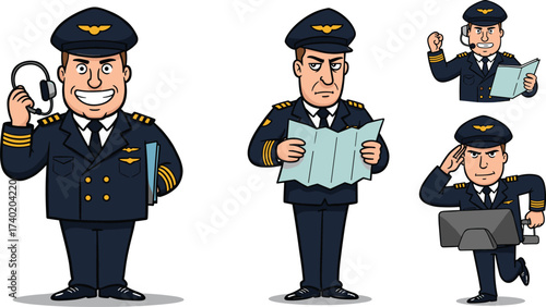 Male pilot cartoon character illustration, aviation captain uniform, professional airline crew, headset communication, navigation map reading, airplane captain vector art