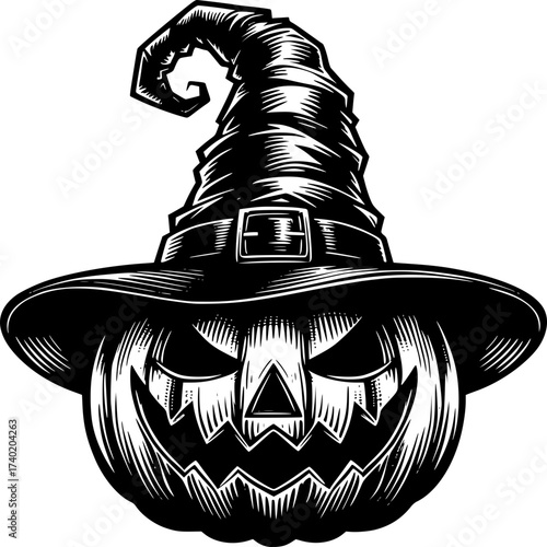 Spooky Pumpkin Witch: Spooky and grinning jack-o'-lantern wearing a pointed witch hat. Carved with intricate detail, this image captures the eerie essence of All Hallows' Eve. 