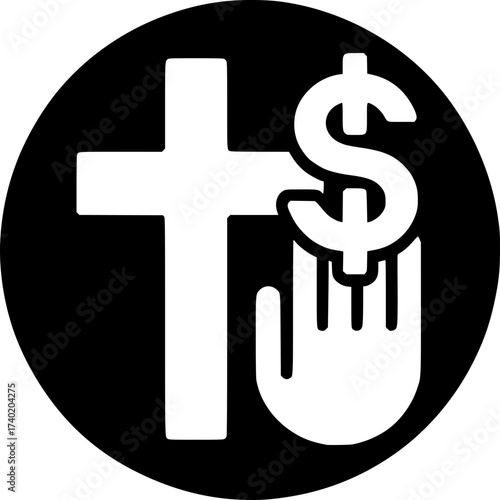 Symbolic illustration of cross, dollar, and hand: An impactful graphic represents faith, money, and charity with a cross intertwined with a dollar sign and a hand, depicted in a bold.