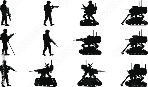 Vector silhouettes of soldiers with rifles and unmanned ground vehicles, military robots with mounted guns, army combat training, battlefield defense, and war technology illustration