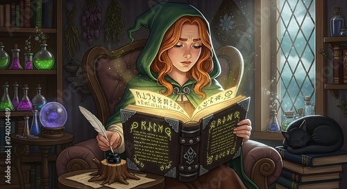 Young Woman in Green Hooded Cloak Reading an Enchanted Book in a Magical Study.