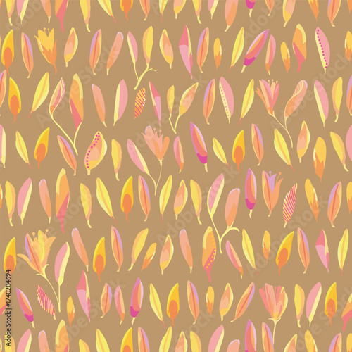 Abstract painterly autumn tossed leaves, flower blossoms. Seamless pastel pattern on sandy brown