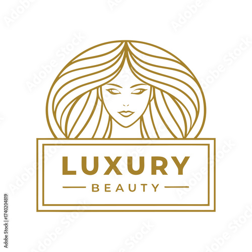 Elegant luxury beauty logo design isolated on white background with woman face and hair for salon or cosmetic brand