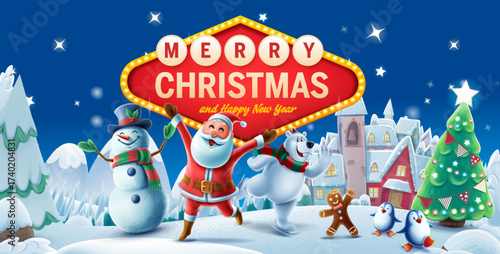 Christmas village illustration with Santa Claus, snowman, bear, penguin and gingerbread