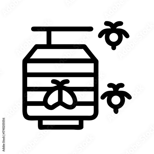 Illustration of a beehive with horizontal stripes and two bees flying around it in black outline