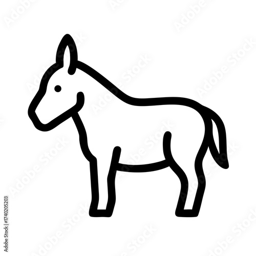 Illustration of a simple outline drawing of a donkey standing in profile with short ears and a tail down