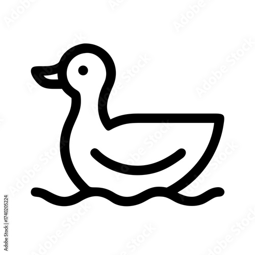 Simple line drawing of a duck swimming in water with a curved neck and a small beak in black color