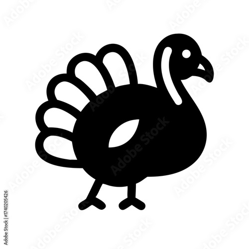 Illustration of a black silhouette turkey with detailed feathers and small legs on a white background