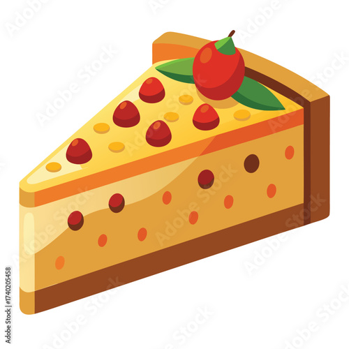 A single, isolated slice of rich fruitcake, showing the dense texture and visible candied fruit, a traditional holiday treat.