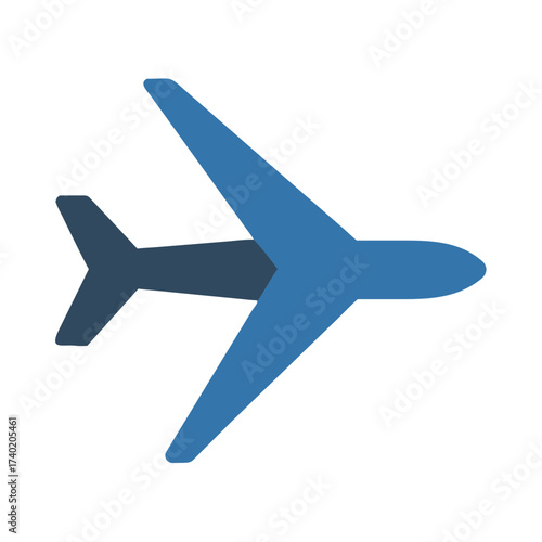 Illustration of a blue airplane with wings and tail on a white background in a simple graphic style
