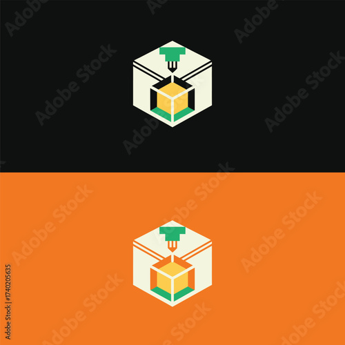 Creative 3d printing logo design featuring a cube and nozzle, perfect for showcasing innovation, technology, and modern manufacturing isolated on white background
