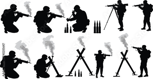 armed soldiers aiming rifles, using tripods, preparing ammunition, and battlefield barriers with smoke effects for military combat and war design