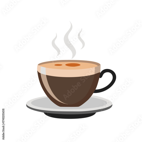 A steaming cup of coffee with froth sitting atop a saucer on a white background with rising vapors