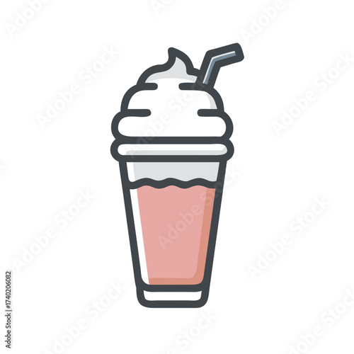 Illustration of a pink milkshake with whipped cream and a straw in a clear plastic cup design icon