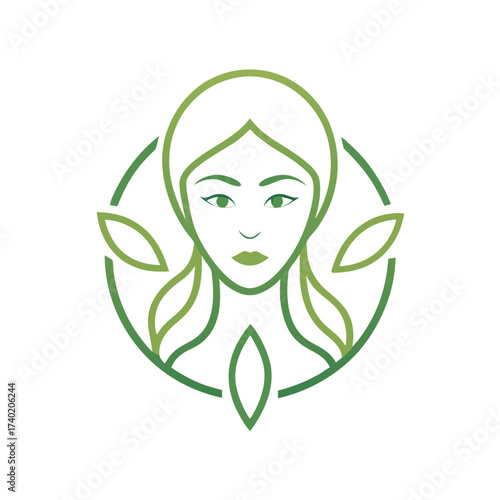 Elegant beauty logo featuring a womans face with leaves in green color isolated on white background for branding and design projects