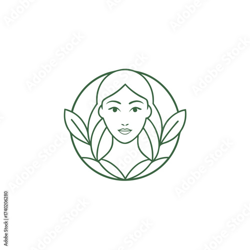 Minimalist beauty logo with a womans face and leaves isolated on white background, suitable for natural skincare or wellness