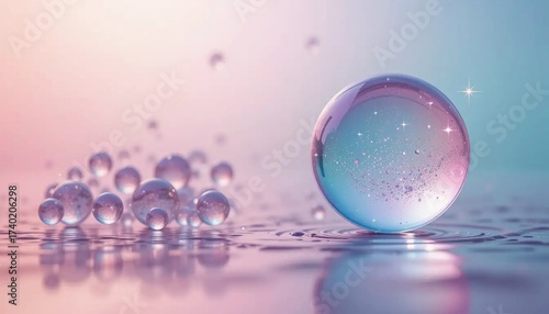 Wallpaper Mural A large, shimmering iridescent sphere rests on a wet surface, reflecting soft pastel pink and blue light. Torontodigital.ca