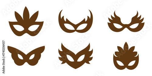 Mask superhero or carnival bandit burglar vector icon set. Black masquerade costume eye mask silhouette hidden villain scammer face. Simple design theater artist masque shape vector illustration. 