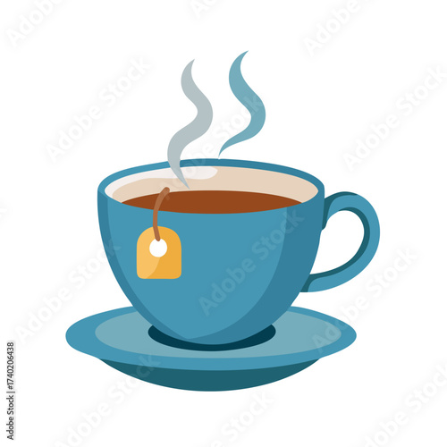 A blue teacup filled with tea sitting on a saucer with steam rising from the hot beverage inside it