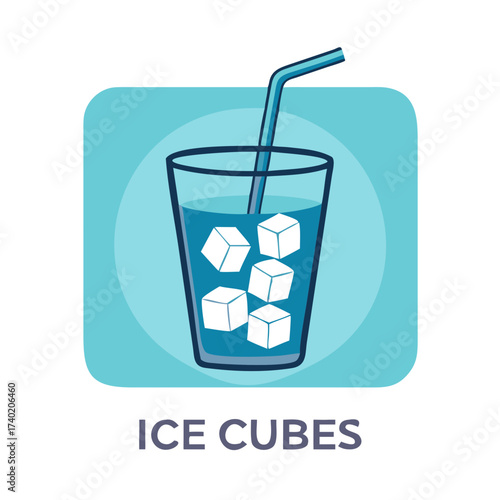 Illustration of a glass filled with a blue liquid and several white ice cubes with a blue straw inside it