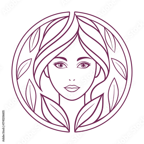 Elegant woman face with leaves in circle isolated on white background beautiful female portrait with natural elements in a minimalist style