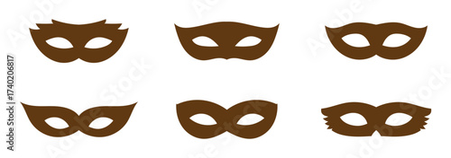 Mask superhero or carnival bandit burglar vector icon set. Black masquerade costume eye mask silhouette hidden villain scammer face. Simple design theater artist masque shape vector illustration. 