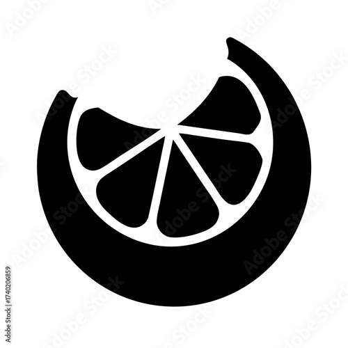 Black and white graphic illustration of a citrus fruit slice with a bite taken out of the peel
