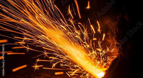 Wallpaper Mural Dynamic shot of vibrant sparks flying from a metal grinding process, showcasing the intense heat and energy of industrial work at night Torontodigital.ca