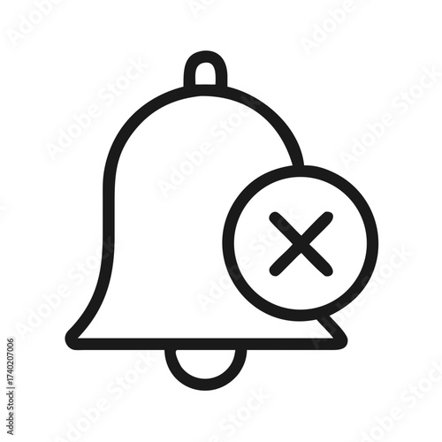 Outline of a bell with a clapper and a circle containing an x symbol indicating notifications off icon