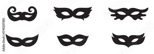Black mask vector icon collection. Different masks silhouette isolated on white background. Set Superman, Superhero themes, cosplay graphics, comic illustrations, logo, and creative designs. powerful.
