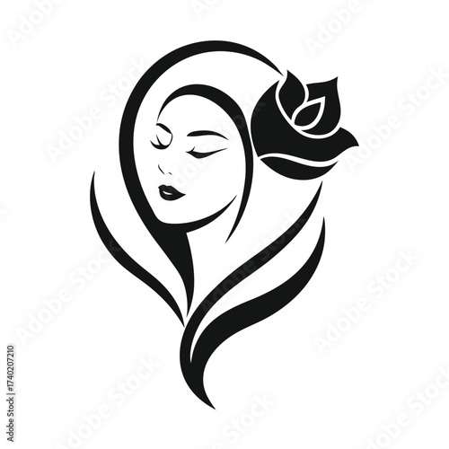 Elegant woman with a rose in her hair, a symbol of beauty and femininity, isolated on white background, a timeless and classic image