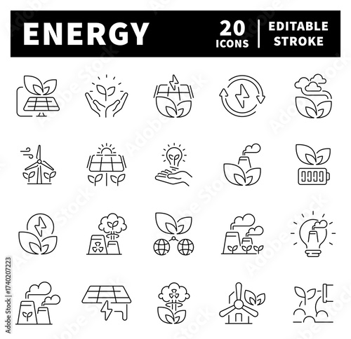 Green energy vector icons in line style. Green energy outline icons. Energy related icons set
