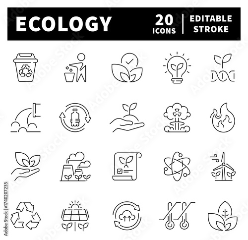 Ecology vector icons in line style. Ecology icons set. Outline ecology icons