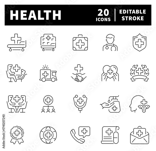Public health vector icons in line style. Healthcare icons set. Outline health icons