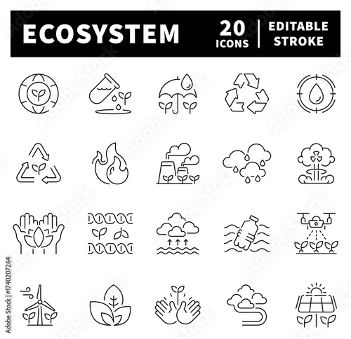 Ecosystem vector icons in line style. Ecosystem related icons. Ecosystem, ecology, eco, environment icons set