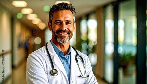 Medical professional with stethoscope in a hospital environment conveying clinical expertise primary care diagnosis and dedicated healthcare leadership guiding patient