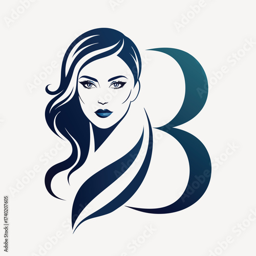 Stylish beauty logo featuring a woman with flowing hair and a letter b, perfect for fashion, cosmetic, and salon businesses