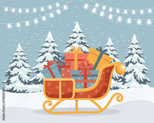 Santas sleigh with presents in a winter forest. Christmas sleigh with presents in a snowy winter scene. Illustration.