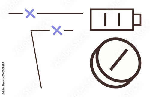 Minimalistic elements including scissors-thumbs up lines, battery, and a divided circle, convey themes of energy, division, and functionality. Ideal for technology, energy, tools precision