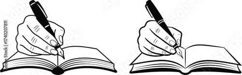 Writing Hand Illustration, Pen and Open Book Drawing, Creative Literature Symbol.