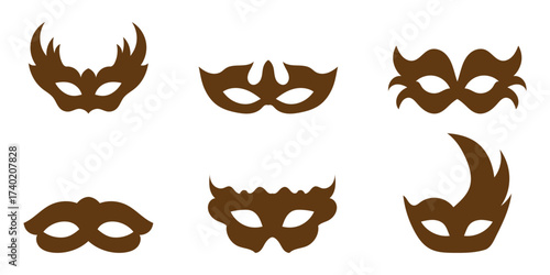 Mask superhero or carnival bandit burglar vector icon set. Black masquerade costume eye mask silhouette hidden villain scammer face. Simple design theater artist masque shape vector illustration. 
