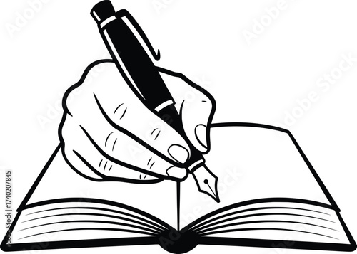 Writing Hand Illustration, Pen and Open Book Drawing, Creative Literature Symbol.