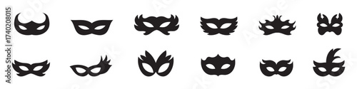 Mask superhero or carnival bandit burglar vector icon set. Black masquerade costume eye mask silhouette hidden villain scammer face. Simple design theater artist masque shape vector illustration. 