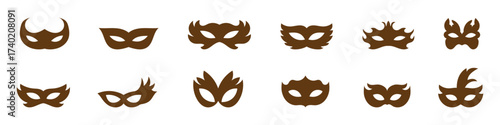 Mask superhero carnival villain or burgar vector icon set. Black masquerade costume eye mask silhouette hidden person face. Simple design incognito party masque shape template illustration.