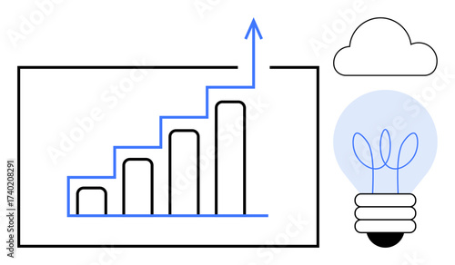Bar chart with upward arrow signifying business growth, light bulb with plant saplings symbolizing innovation and sustainability, cloud symbol for technology. Ideal for growth strategy, business