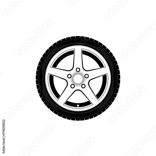 Car tire and wheel vector graphic for automotive industry and vehicle part designs with five spoke rim style