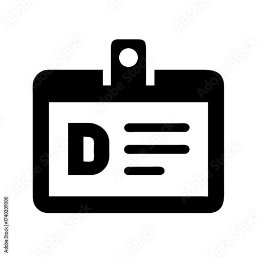 Illustration of a black and white identification badge with the letter d and three lines on it shown front