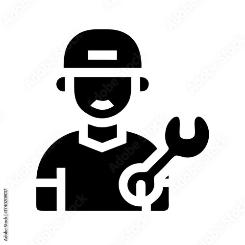 Illustration of a mechanic holding a wrench with a cap on his head in a simple black and white style