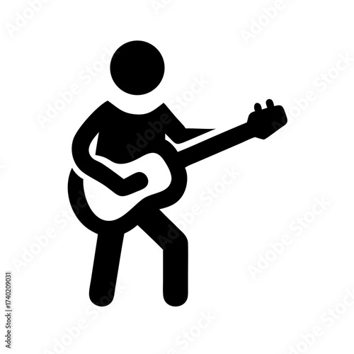 Silhouette of a stick figure playing an electric guitar with passion and musical expression shown clearly