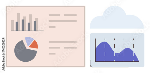 Bar chart, pie chart, and line graph on screens, emphasizing data analytics, reporting, cloud computing. Ideal for business, technology, workflow remote work analysis decision-making simple flat